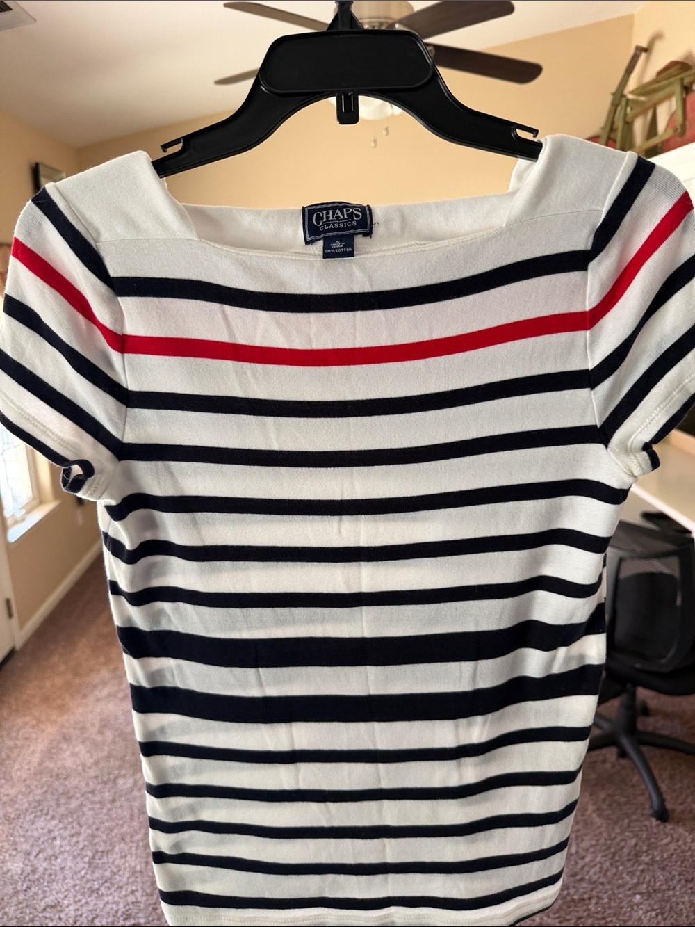 Chaps White Navy Striped Short Sleeve Top with Red Stripe